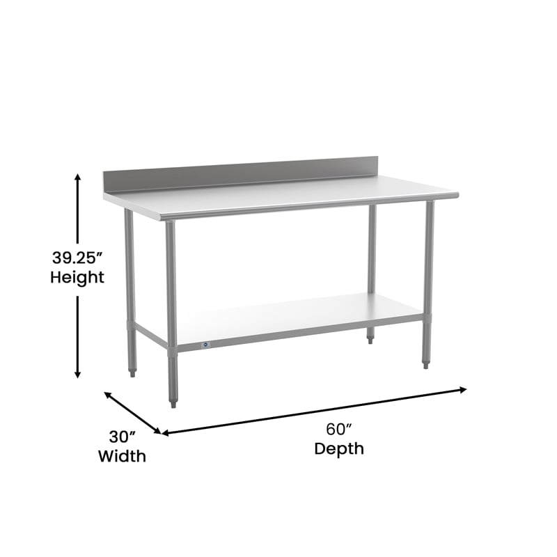 Pemberly Row Stainless Steel Kitchen Prep & Work Table with Shelf & Backsplash
