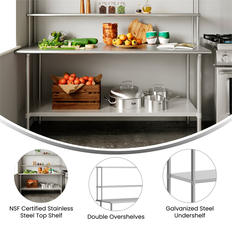 Pemberly Row 30x72 Stainless Steel Work Table with 2 Overshelves and Undershelf