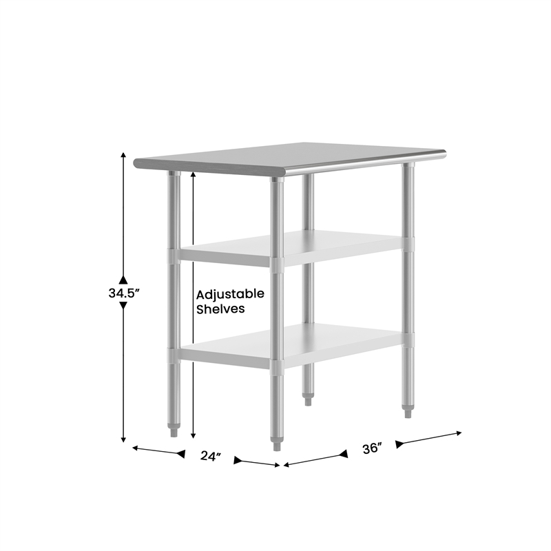 Pemberly Row 24x36 Stainless Steel 18 Gauge Work Table with 2 Undershelves