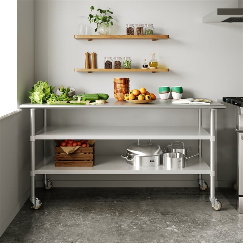 Pemberly Row 30x72 Stainless Steel Work Table with Dual Undershelves and Casters