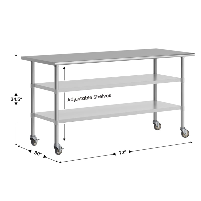 Pemberly Row 30x72 Stainless Steel Work Table with Dual Undershelves and Casters