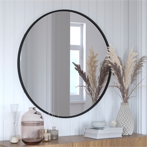 Pemberly Row 36&quot Shatterproof Round Wall Mirror with Black Metal Frame