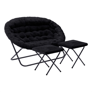 Pemberly Row Double Folding Faux Fur Saucer Chair with 2 Ottomans in Black