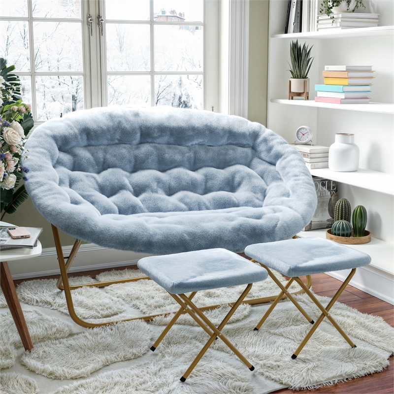 Pemberly Row Double Folding Faux Fur Saucer Chair with 2 Ottomans in Aqua/Gold