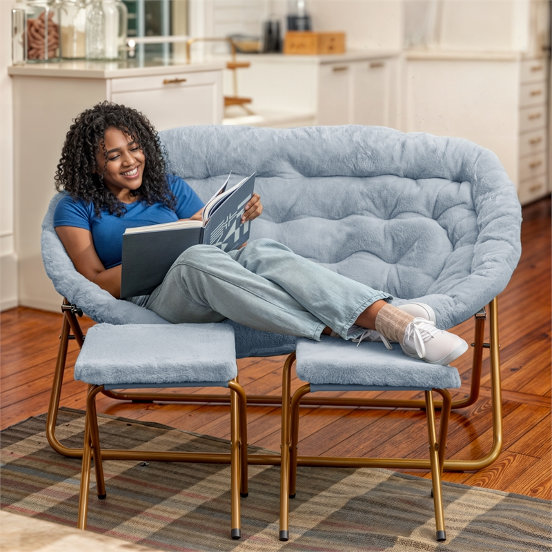 Pemberly Row Double Folding Faux Fur Saucer Chair with 2 Ottomans in Aqua/Gold