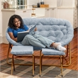 Pemberly Row Double Folding Faux Fur Saucer Chair with 2 Ottomans in Aqua/Gold