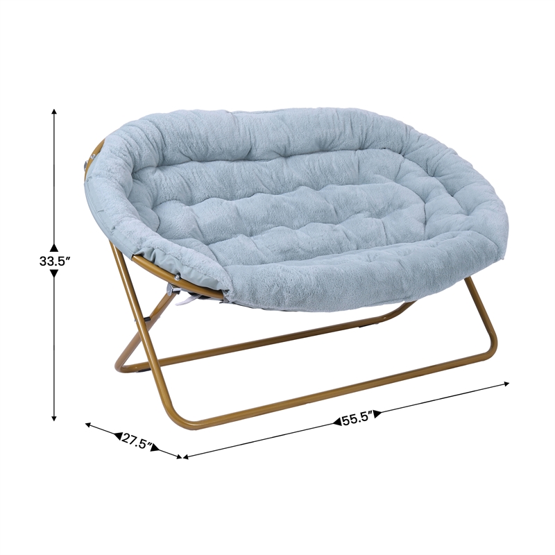 Pemberly Row Double Folding Faux Fur Saucer Chair with 2 Ottomans in Aqua/Gold
