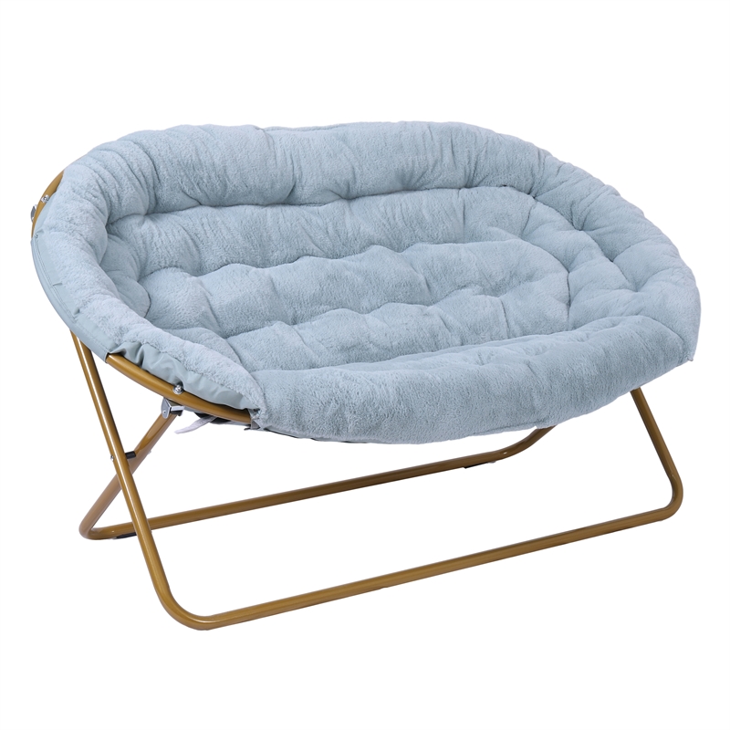 Pemberly Row Double Folding Faux Fur Saucer Chair with 2 Ottomans in Aqua/Gold