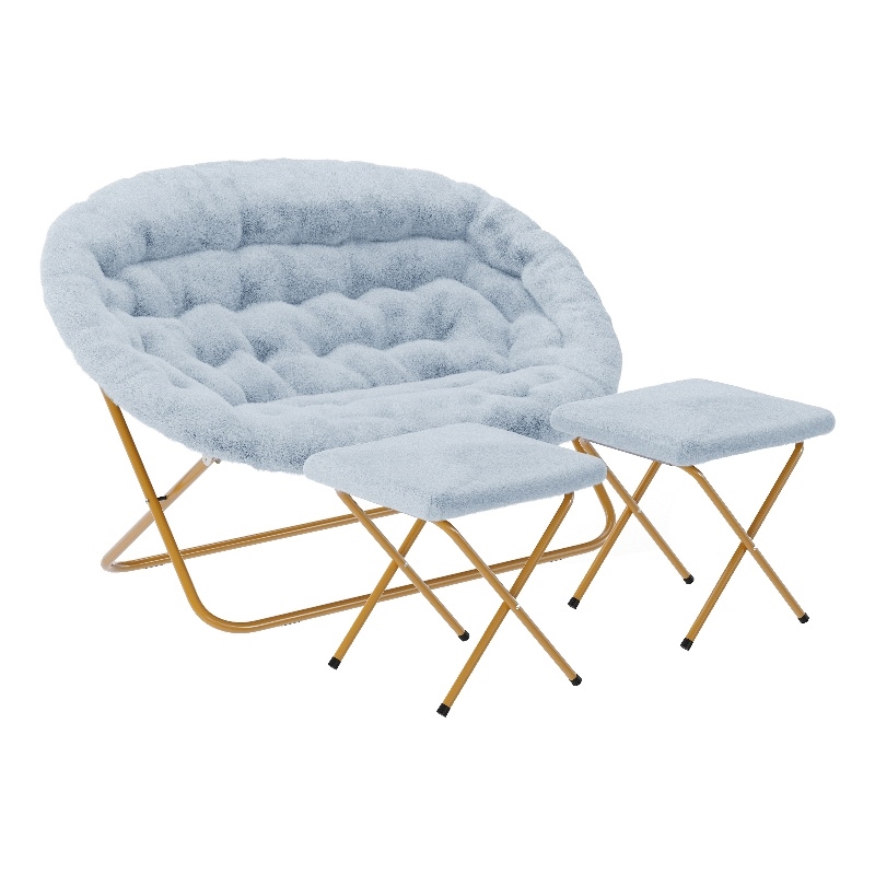 Pemberly Row Double Folding Faux Fur Saucer Chair with 2 Ottomans in Aqua/Gold
