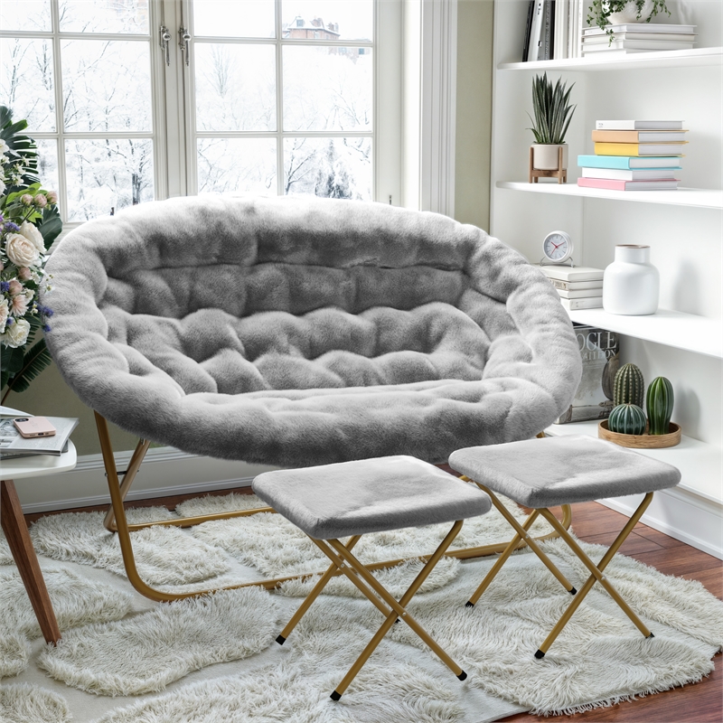 Pemberly Row Double Folding Faux Fur Saucer Chair with 2 Ottomans in Gray/Gold