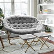 Pemberly Row Double Folding Faux Fur Saucer Chair with 2 Ottomans in Gray/Gold