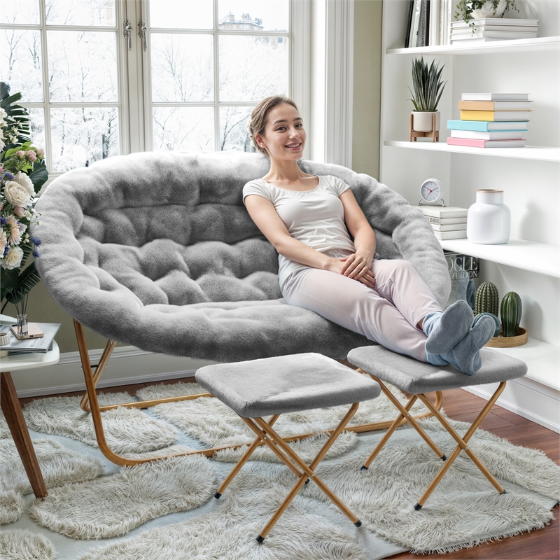 Pemberly Row Double Folding Faux Fur Saucer Chair with 2 Ottomans in Gray/Gold