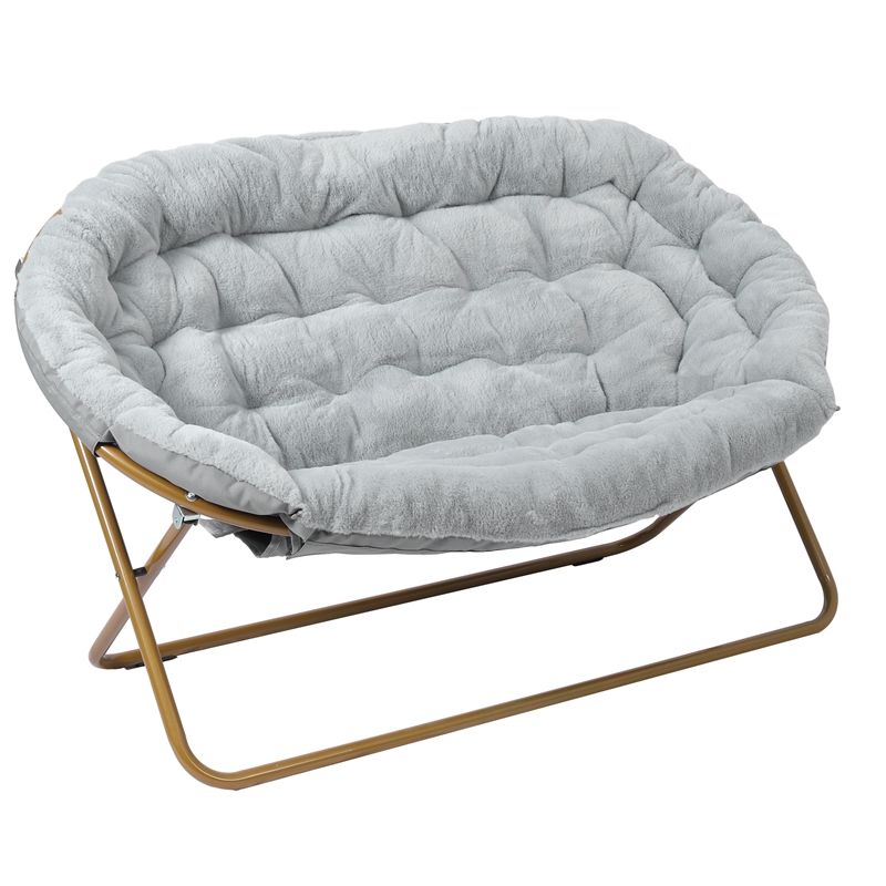 Pemberly Row Double Folding Faux Fur Saucer Chair with 2 Ottomans in Gray/Gold