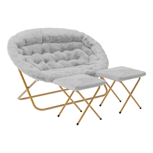 Pemberly Row Double Folding Faux Fur Saucer Chair with 2 Ottomans in Gray/Gold