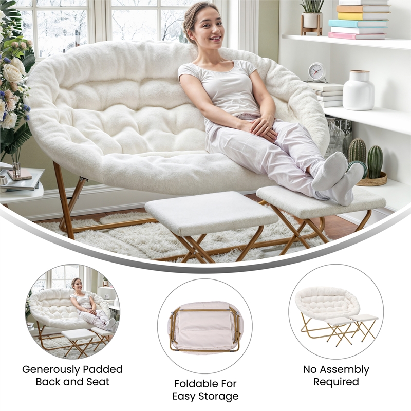 Pemberly Row Double Folding Faux Shearling Saucer Chair with 2 Ottomans