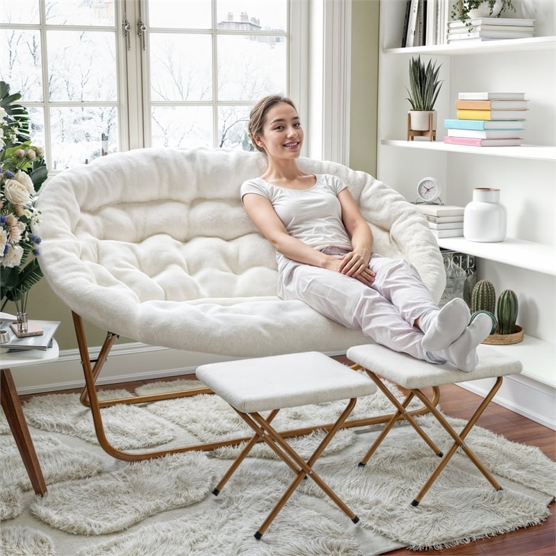 Pemberly Row Double Folding Faux Shearling Saucer Chair with 2 Ottomans