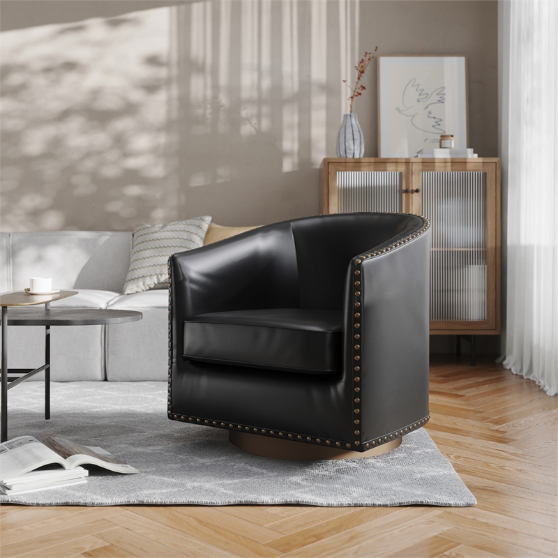 Pemberly Row Classic Club Style Chair with 360 Swivel Base & Nail Trim in Black