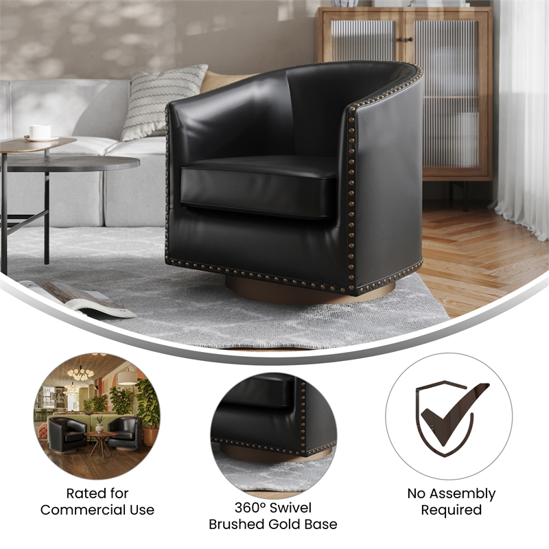 Pemberly Row Classic Club Style Chair with 360 Swivel Base & Nail Trim in Black