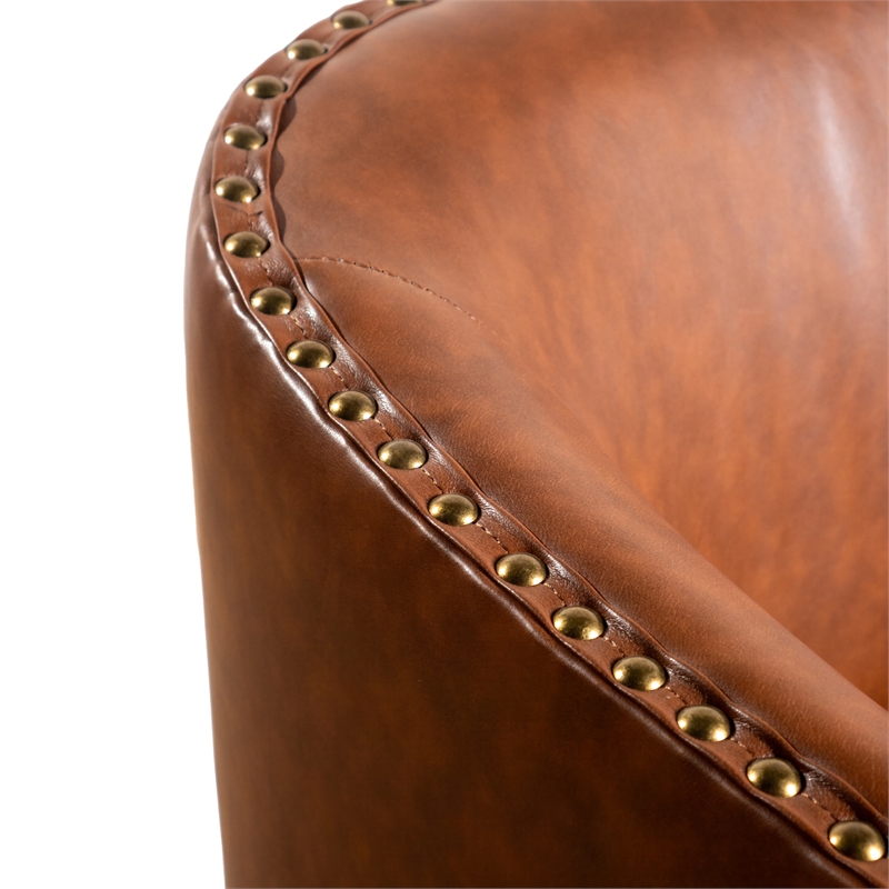 Pemberly Row Classic Club Style Chair with 360 Swivel Base & Nail Trim in Brown