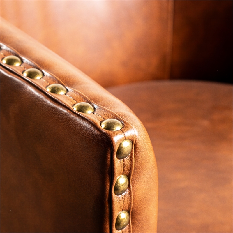 Pemberly Row Classic Club Style Chair with 360 Swivel Base & Nail Trim in Brown