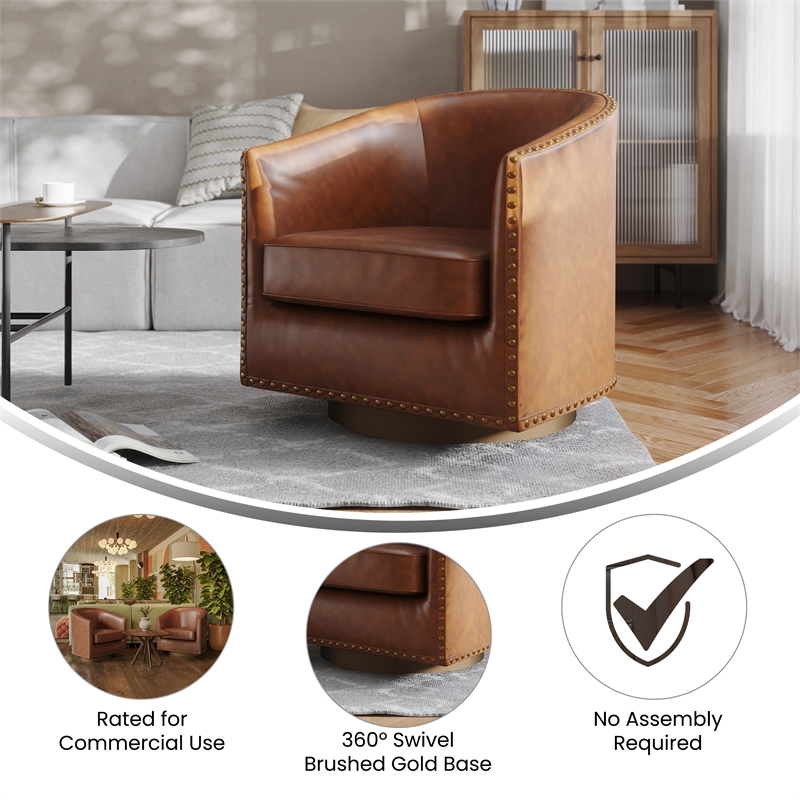 Pemberly Row Classic Club Style Chair with 360 Swivel Base & Nail Trim in Brown