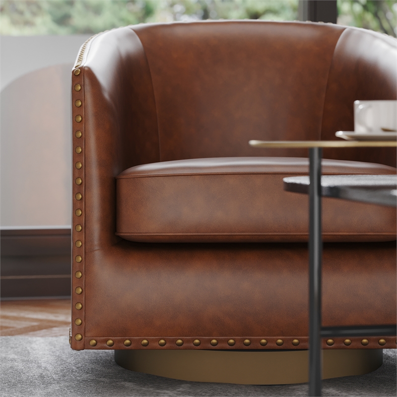 Pemberly Row Classic Club Style Chair with 360 Swivel Base & Nail Trim in Brown