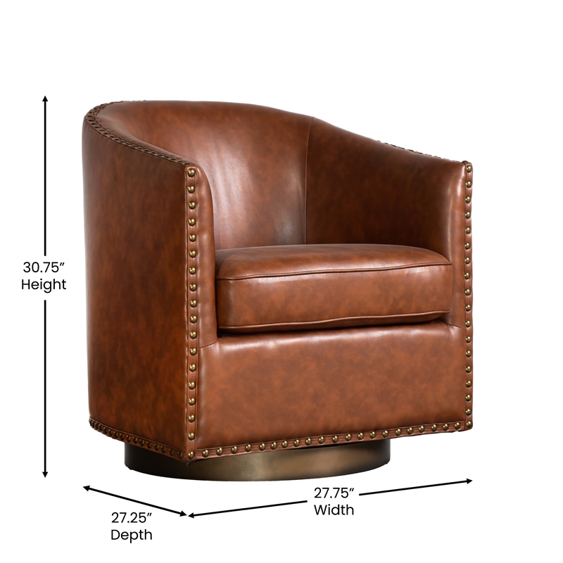 Pemberly Row Classic Club Style Chair with 360 Swivel Base & Nail Trim in Brown