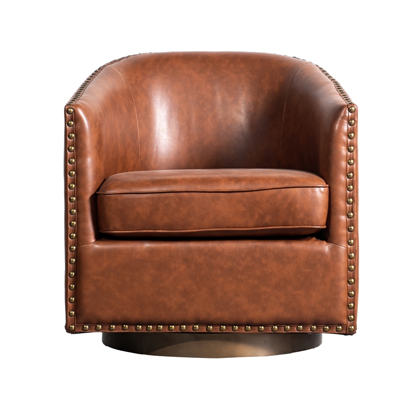 Pemberly Row Classic Club Style Chair with 360 Swivel Base & Nail Trim in Brown