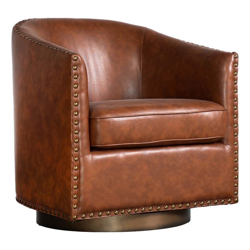 Pemberly Row Classic Club Style Chair with 360 Swivel Base & Nail Trim in Brown