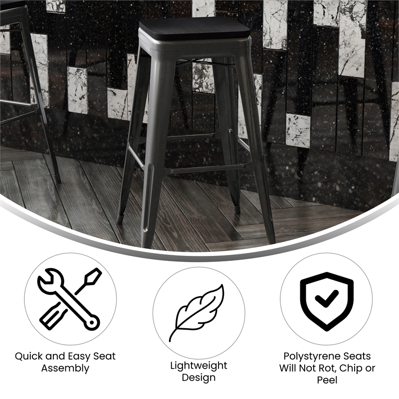 Pemberly Row Indoor/Outdoor Backless Bar Stool with Poly Seat in Black