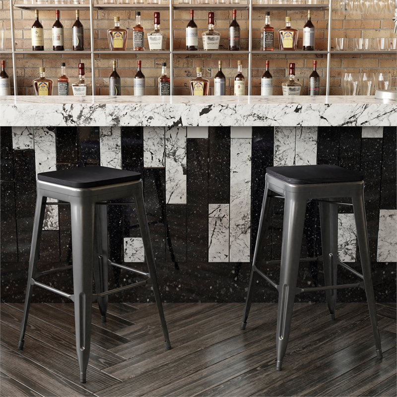 Pemberly Row Indoor/Outdoor Backless Bar Stool with Poly Seat in Black