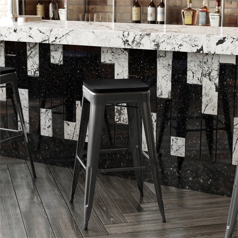 Pemberly Row Indoor/Outdoor Backless Bar Stool with Poly Seat in Black