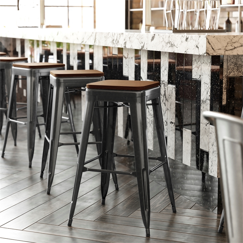 Pemberly Row Indoor/Outdoor Backless Bar Stool with Poly Seat in Black/Teak
