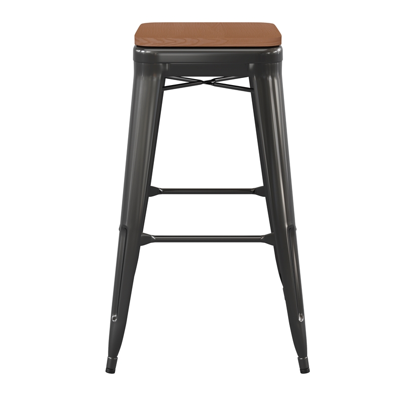 Pemberly Row Indoor/Outdoor Backless Bar Stool with Poly Seat in Black/Teak