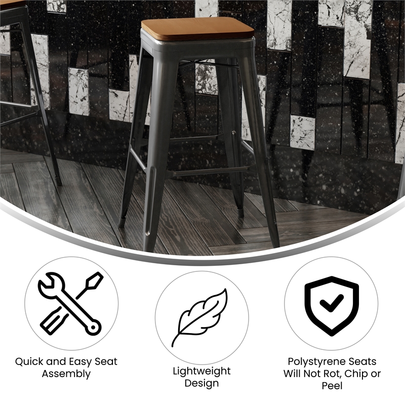 Pemberly Row Indoor/Outdoor Backless Bar Stool with Poly Seat in Black/Teak