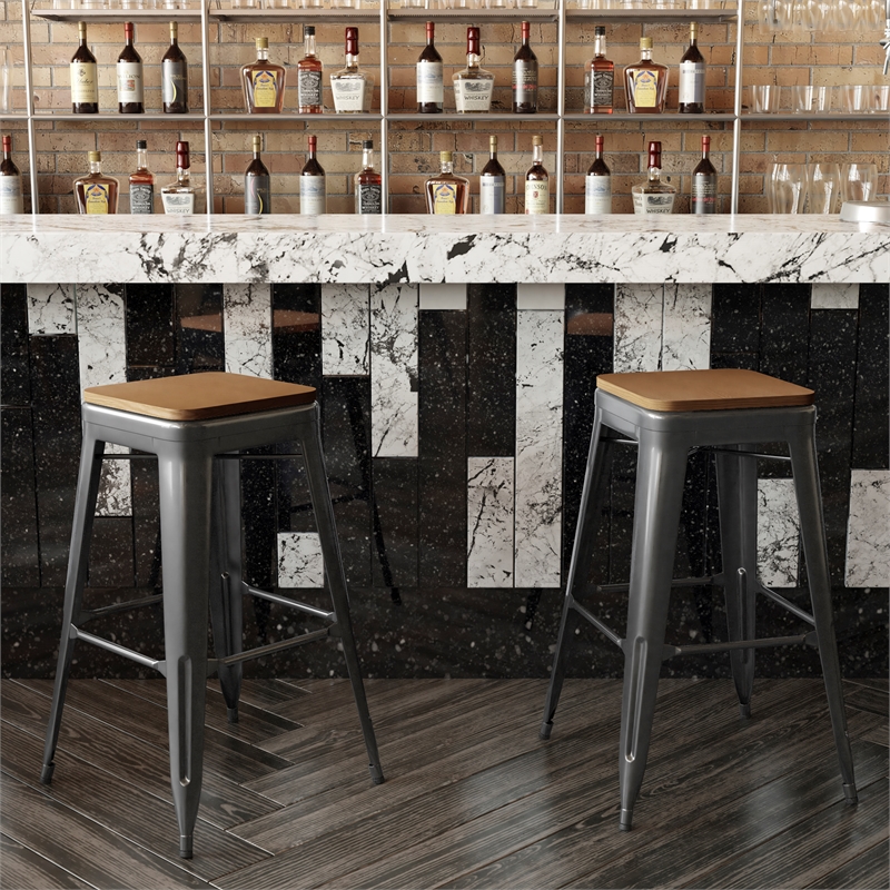 Pemberly Row Indoor/Outdoor Backless Bar Stool with Poly Seat in Black/Teak