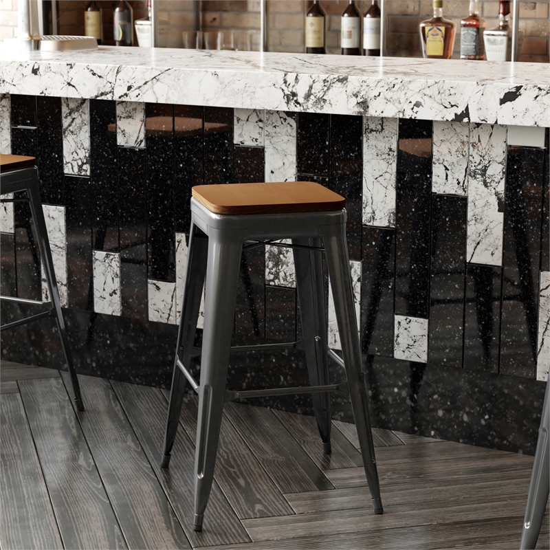 Pemberly Row Indoor/Outdoor Backless Bar Stool with Poly Seat in Black/Teak