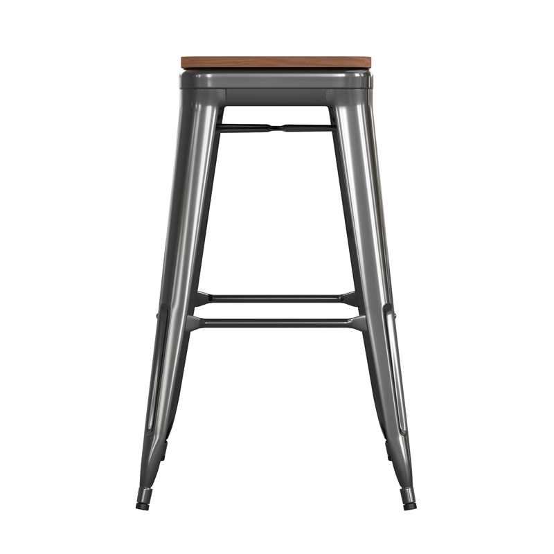 Pemberly Row Indoor/Outdoor Backless Bar Stool with Poly Seat in Black/Teak