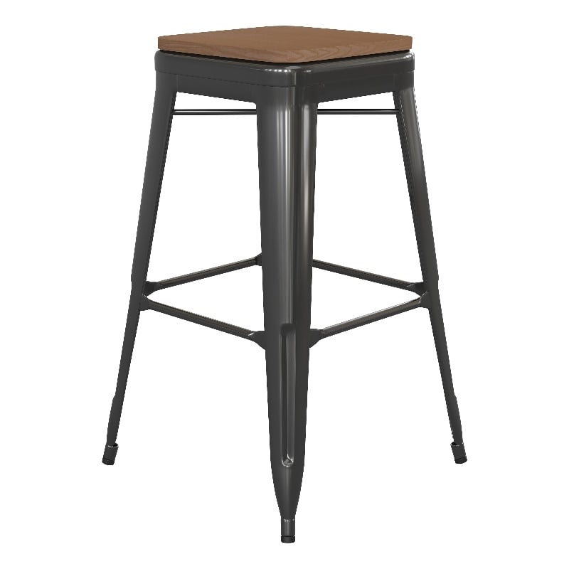 Pemberly Row Indoor/Outdoor Backless Bar Stool with Poly Seat in Black/Teak