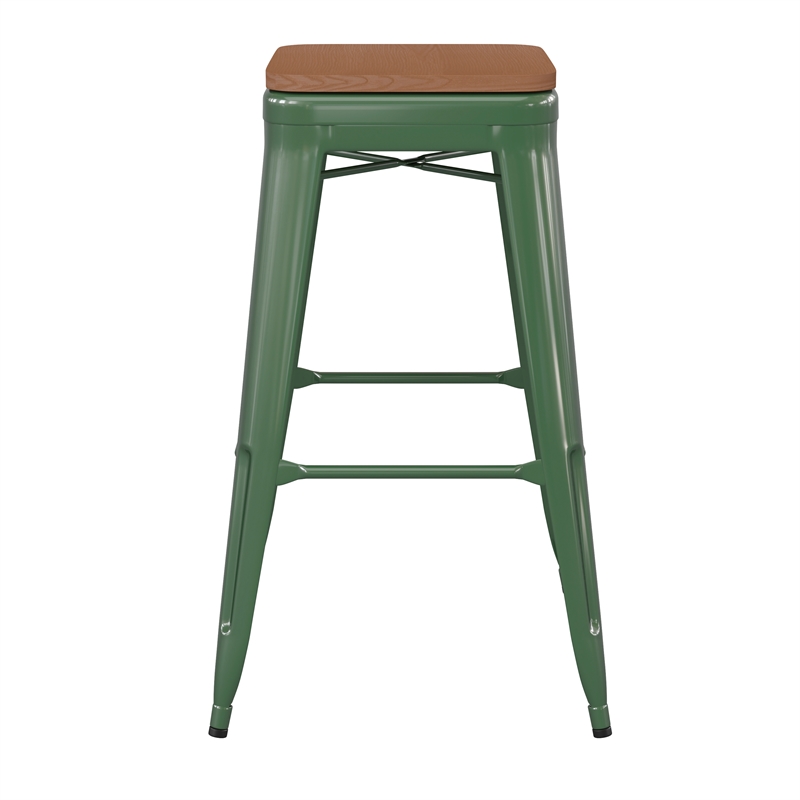 Pemberly Row Indoor/Outdoor Backless Bar Stool with Poly Seat in Green/Teak