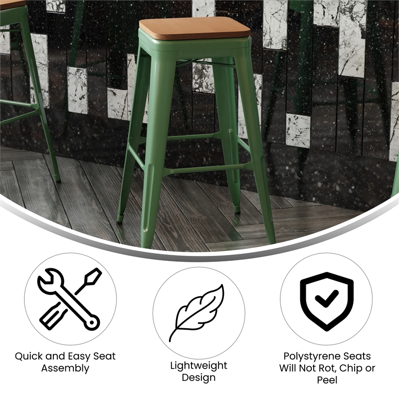 Pemberly Row Indoor/Outdoor Backless Bar Stool with Poly Seat in Green/Teak