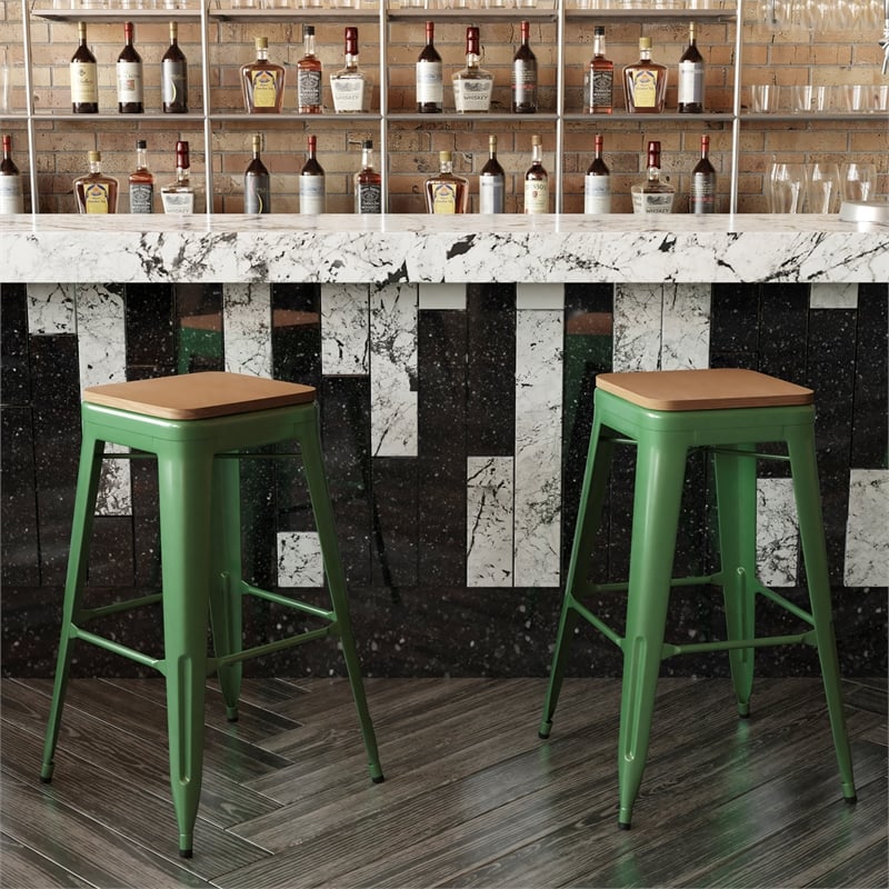 Pemberly Row Indoor/Outdoor Backless Bar Stool with Poly Seat in Green/Teak