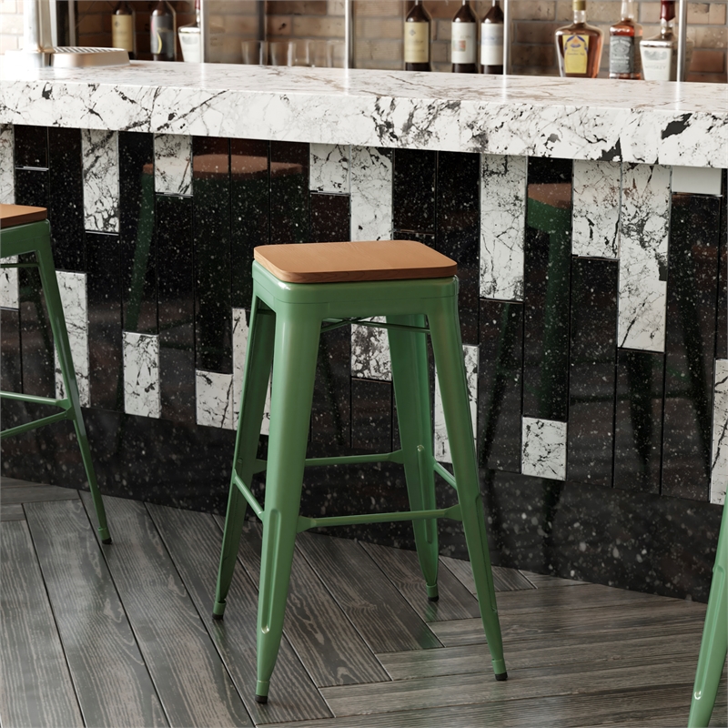 Pemberly Row Indoor/Outdoor Backless Bar Stool with Poly Seat in Green/Teak