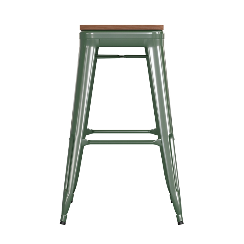 Pemberly Row Indoor/Outdoor Backless Bar Stool with Poly Seat in Green/Teak