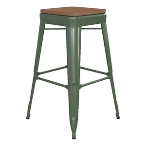 Pemberly Row Indoor/Outdoor Backless Bar Stool with Poly Seat in Green/Teak