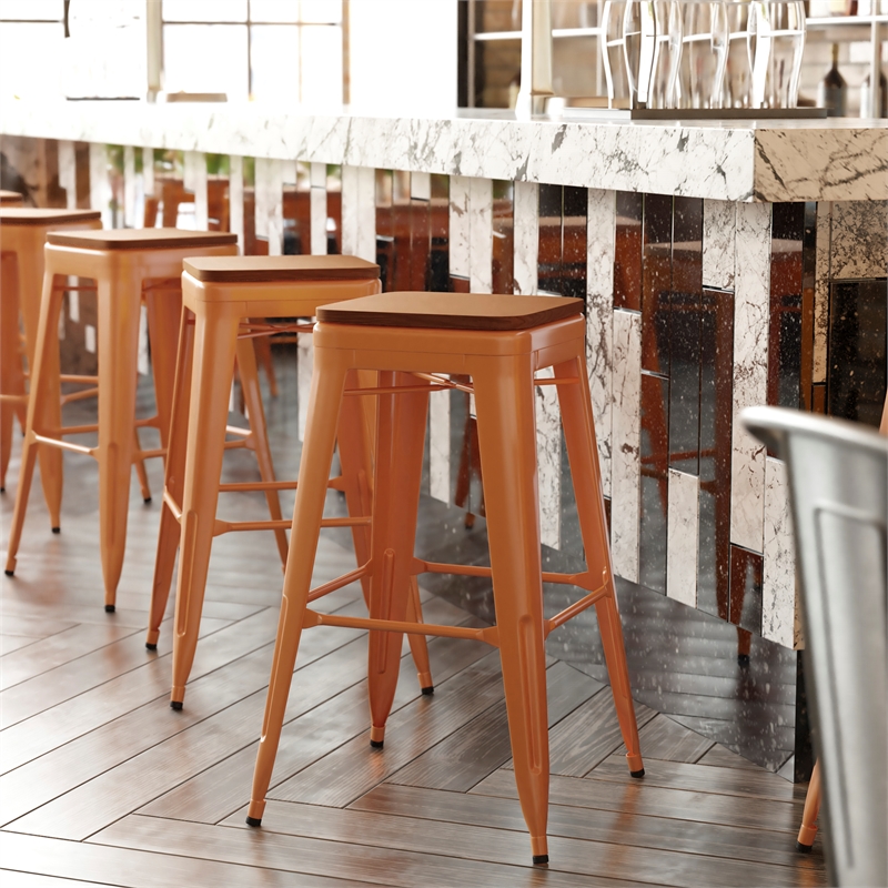 Pemberly Row Indoor/Outdoor Backless Bar Stool with Poly Seat in Orange/Teak