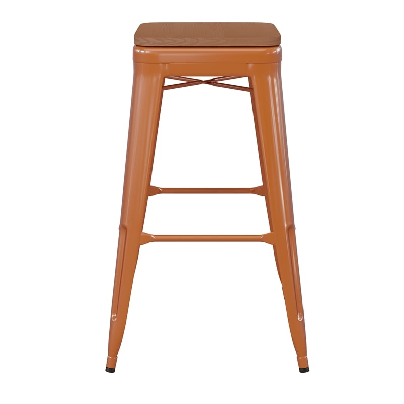 Pemberly Row Indoor/Outdoor Backless Bar Stool with Poly Seat in Orange/Teak