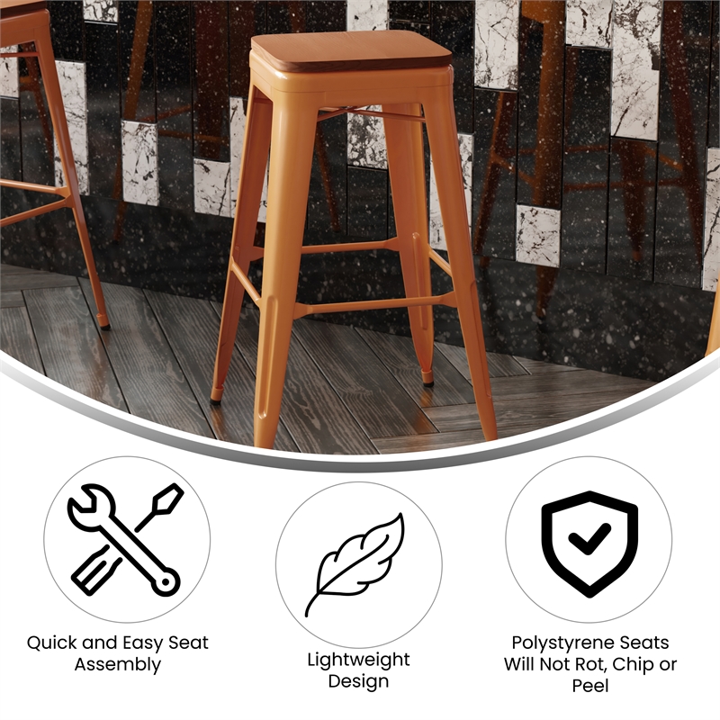 Pemberly Row Indoor/Outdoor Backless Bar Stool with Poly Seat in Orange/Teak