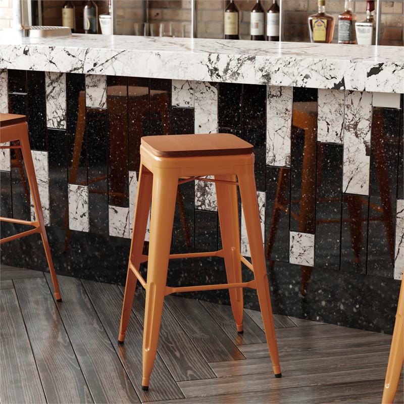 Pemberly Row Indoor/Outdoor Backless Bar Stool with Poly Seat in Orange/Teak