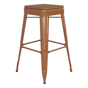 Pemberly Row Indoor/Outdoor Backless Bar Stool with Poly Seat in Orange/Teak